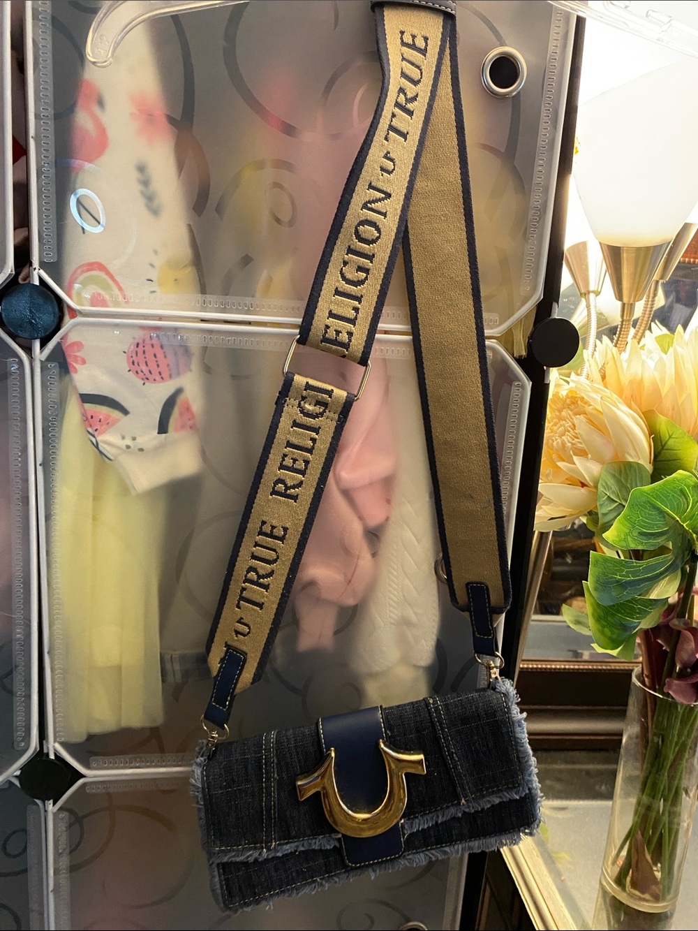 NWOT, True Religion Navy Denim Crossbody Bag with Gold Hardware Branded Strap
